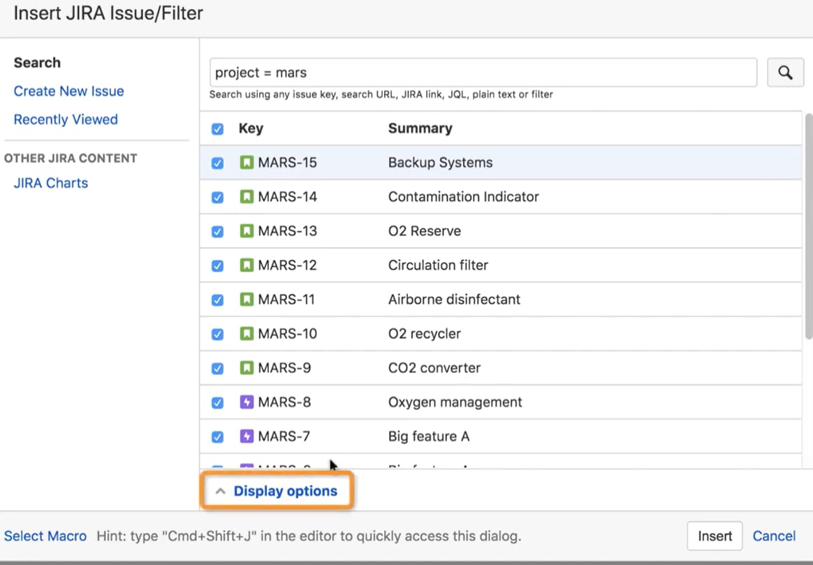 JIRA Confluence: Issue Display Options